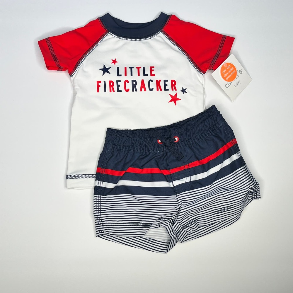 Carter's Swimsuit Firecracker Rashguard Striped Trunks New 3M